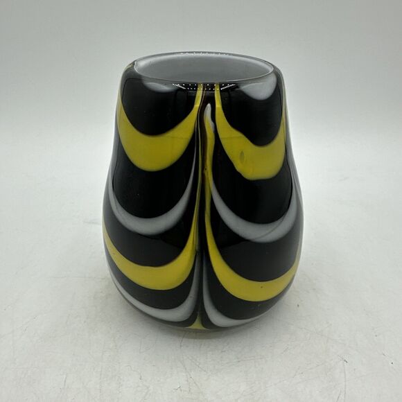 Vase Glass Hand Blown Black White Yellow Small 4.5” Candle Holder - Picture 1 of 15